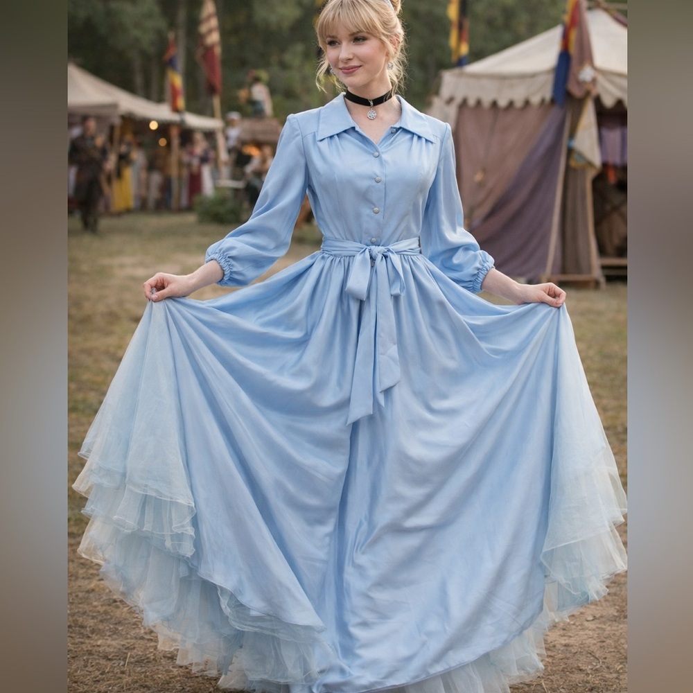 60/70s satin Blue Maxi Dress costume Cinderella silk blue belted ren fair